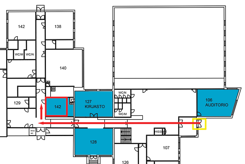 Exam room 142 is at the end of the corridor, behind the library.
